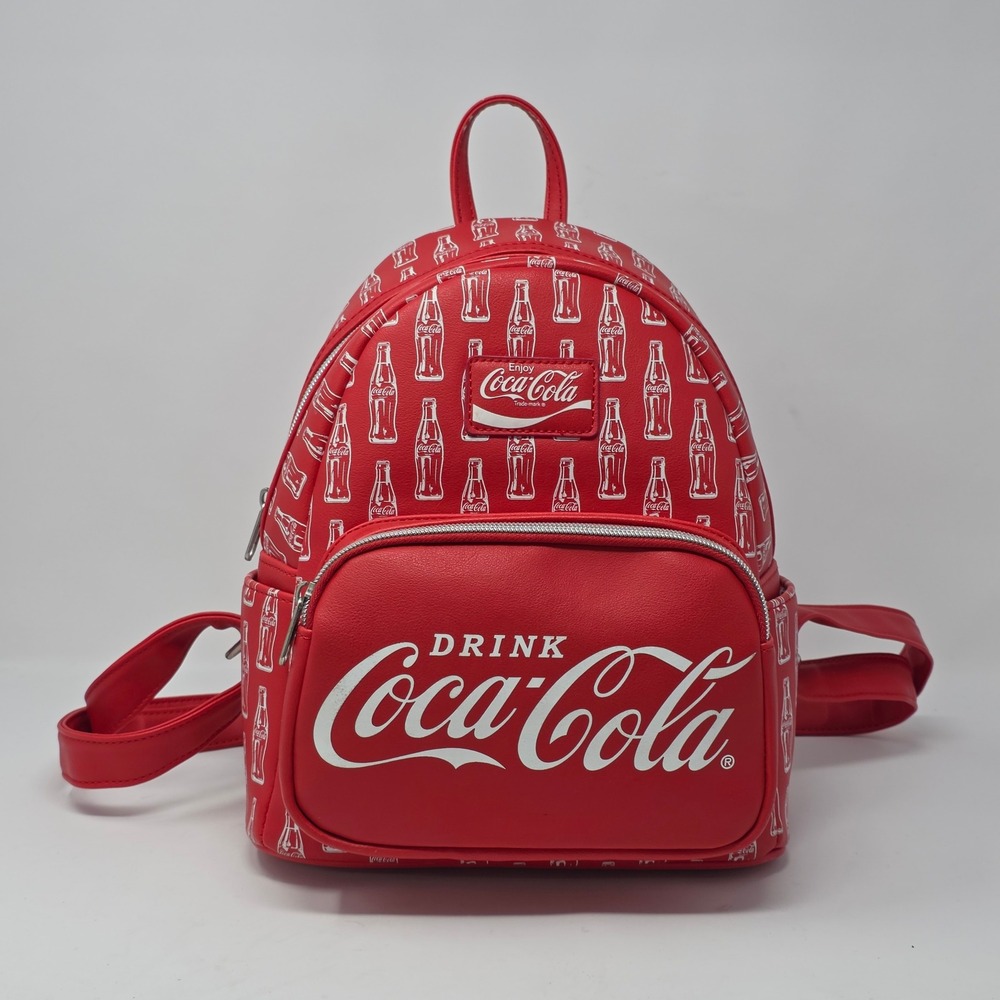 Coca-Cola Red Faux Leather Mini Backpack All Over Bottle Print Logo Bag